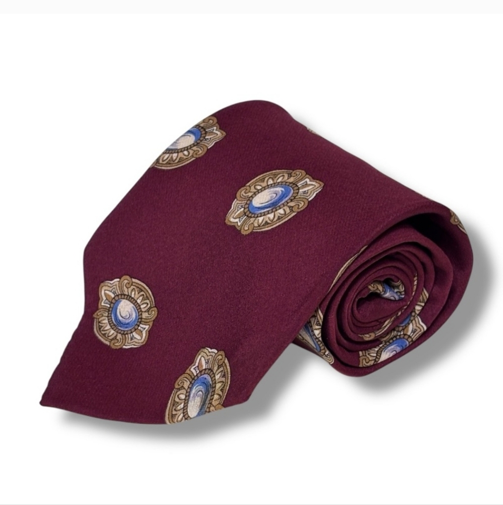 KARL LAGERFIELD Burgundy Silk Tie Large Brooch Pattern VINTAGE